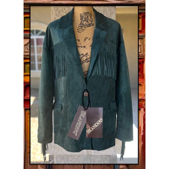 BLANK NYC Hunter Green Faux Suede Fringe Blazer Size L - Picture 4 of 10
